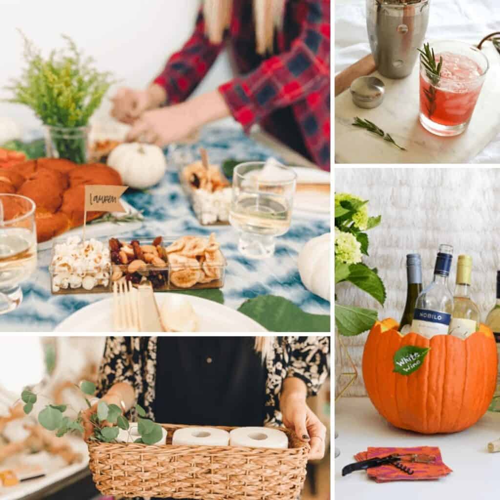 Collage of party ideas for hosting Friendsgiving.