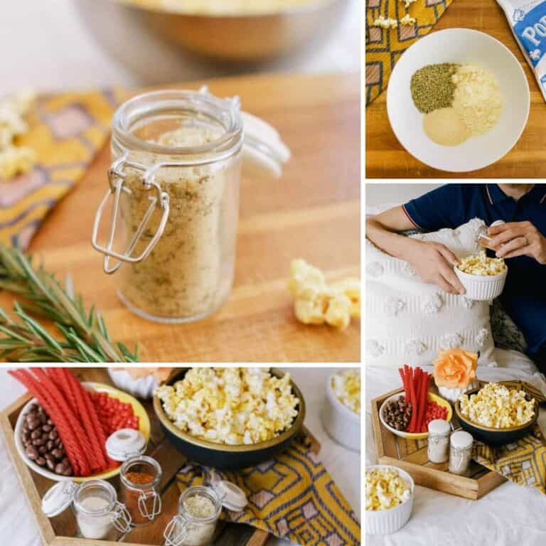 Collage of images of popcorn for a movie night in.