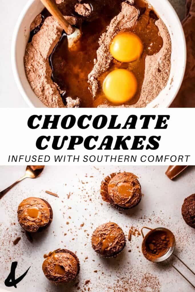 A collage of images for making chocolate cupcakes with text overlay.