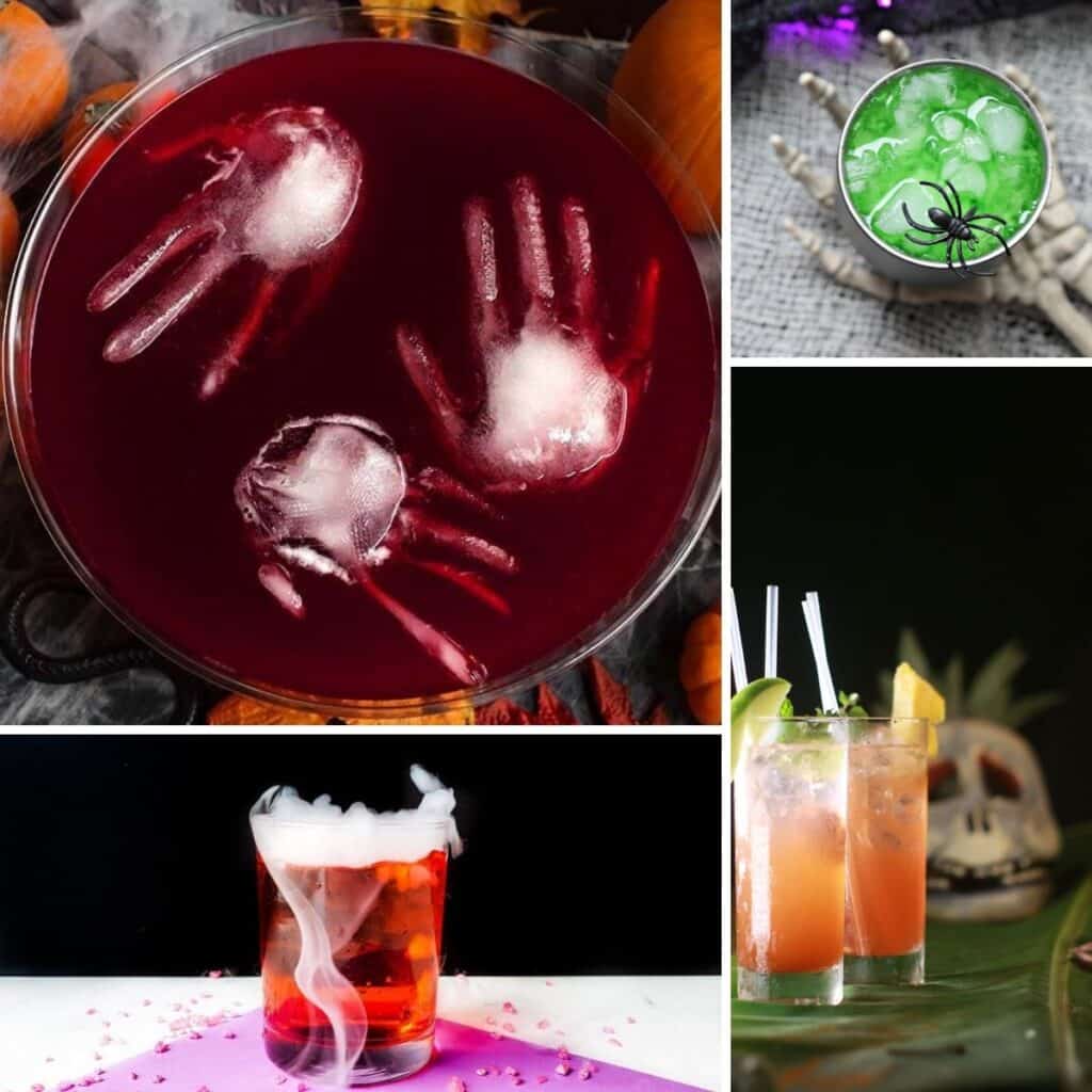 Collage of easy Halloween cocktails to make a home.