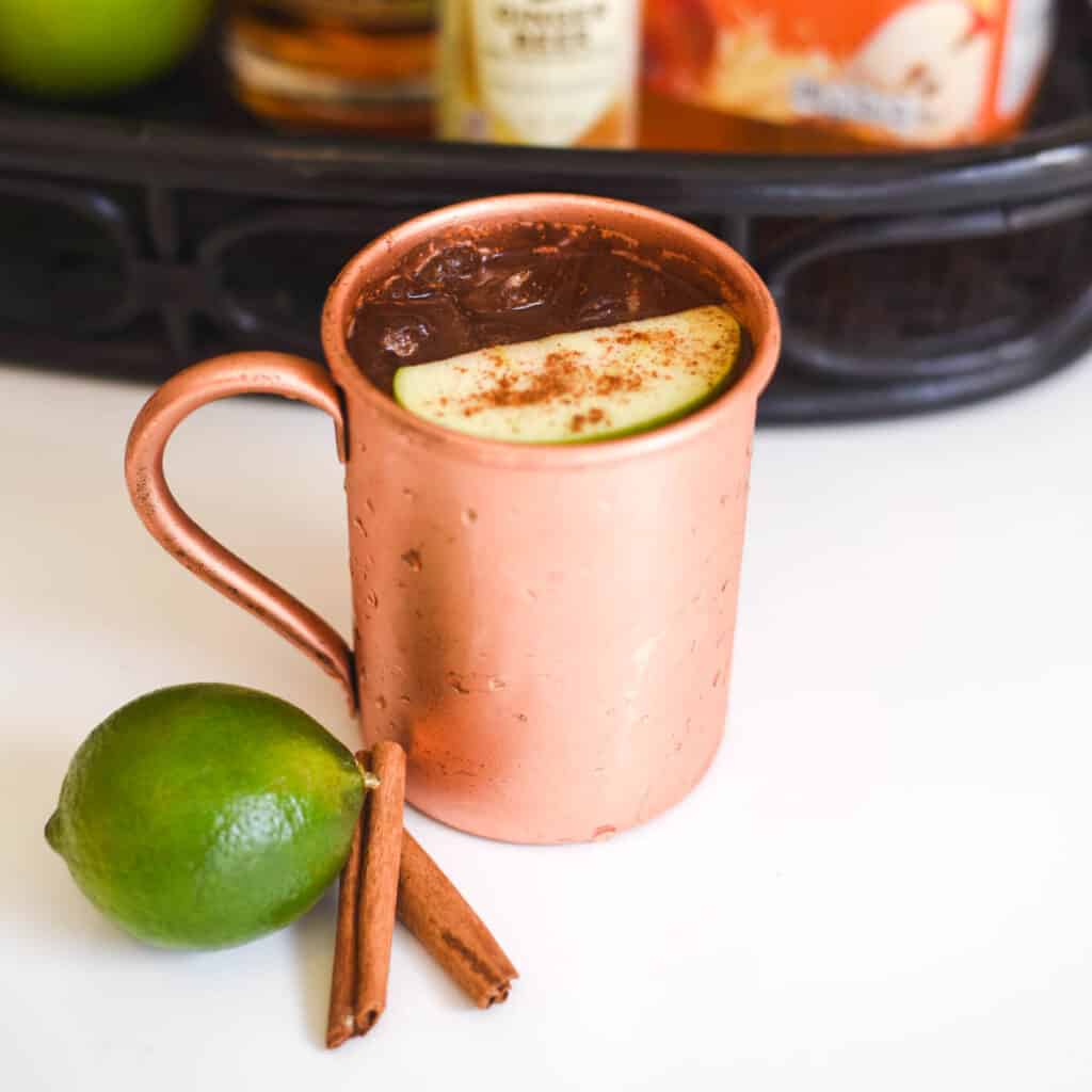 Close up of an Apple Cider Mule in a copper mug.