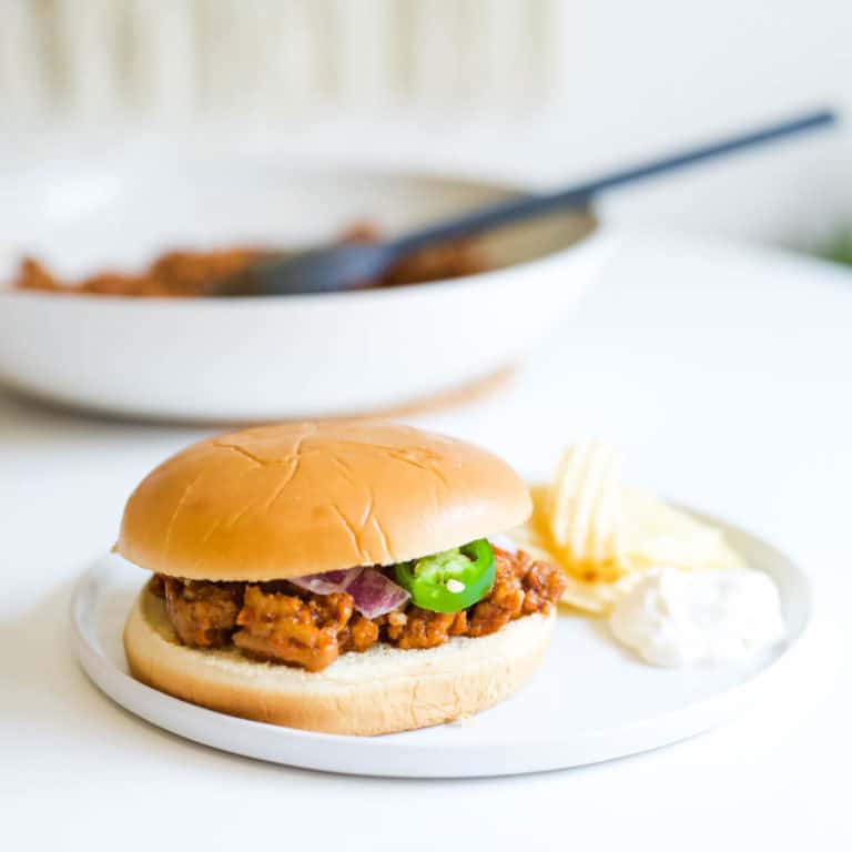 A Sloppy Joe on a dinner plate made from a recipe mix.