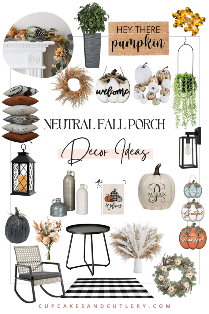 Neutral porch decoration ideas for fall in a collage.