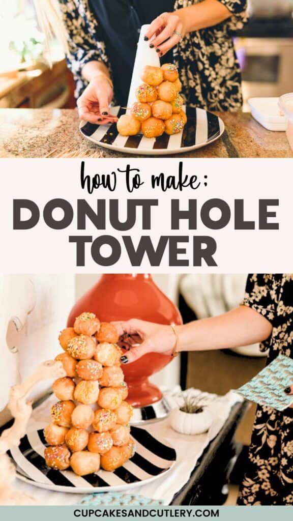 Text: How to Make a Donut Hole Tower with two images of a donut tree.