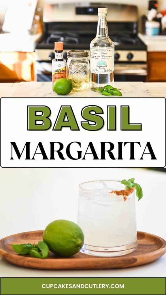 Text: Basil Margarita with the ingredients needed to make the cocktail and the finished drink in a stemless wine glass.
