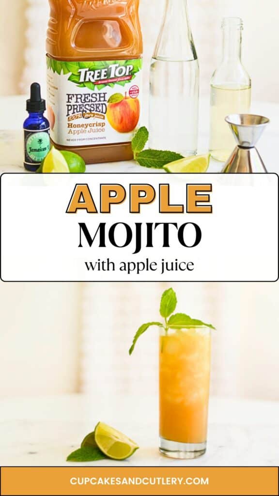 Text: Apple Mojito with apple juice with the ingredients needed and the finished cocktail in a glass on the table.