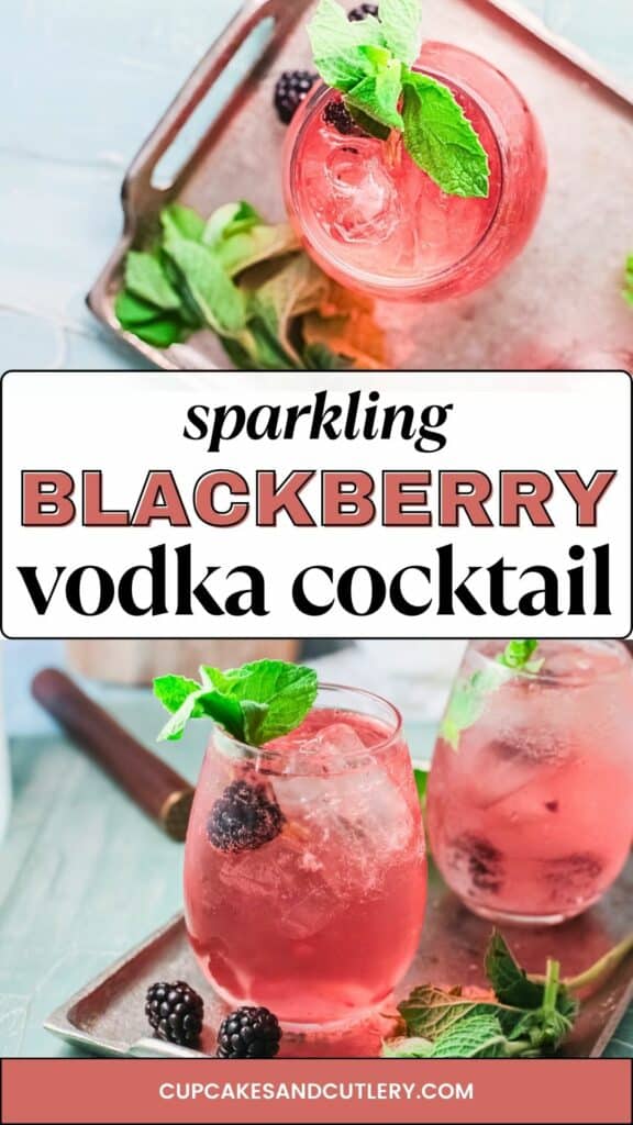 Text: Sparkling Blackberry Vodka Cocktail with two images of stemless wine glasses with a pink cocktail.
