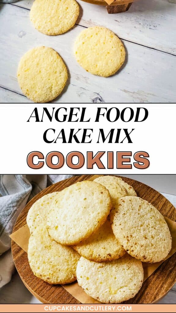 Text: Angel Food Cake Mix Cookies with two images of cookies made from just 3 ingredients.