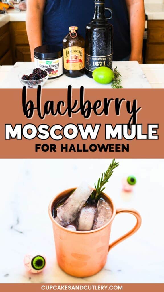 Text: Blackberry Moscow Mule for Halloween with an image of the ingredients sitting on a counter and a copper mug with a rosemary garnish and fake eyeball props.