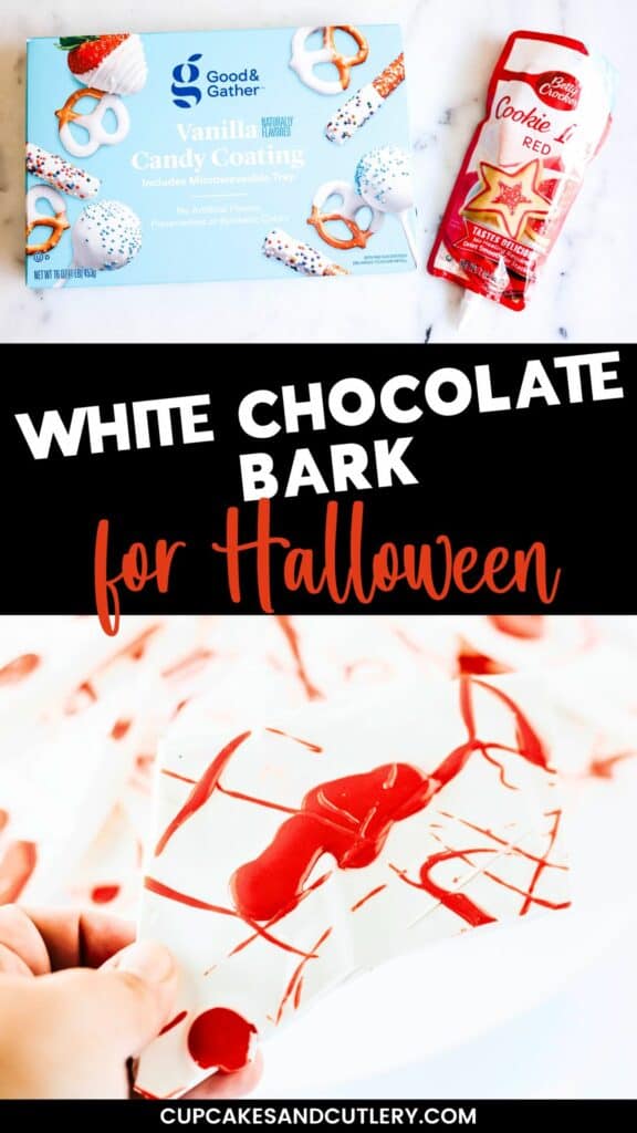 Text: White Chocolate Bark for Halloween with the ingredients needed to make it and a hand holding a piece of the finished dessert.