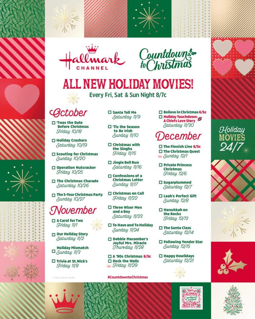 Hallmark Channel Countdown to Christmas holiday movie schedule listed by date.