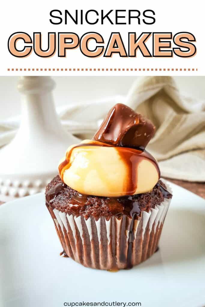 Text: Snickers Cupcakes on a white serving plate.
