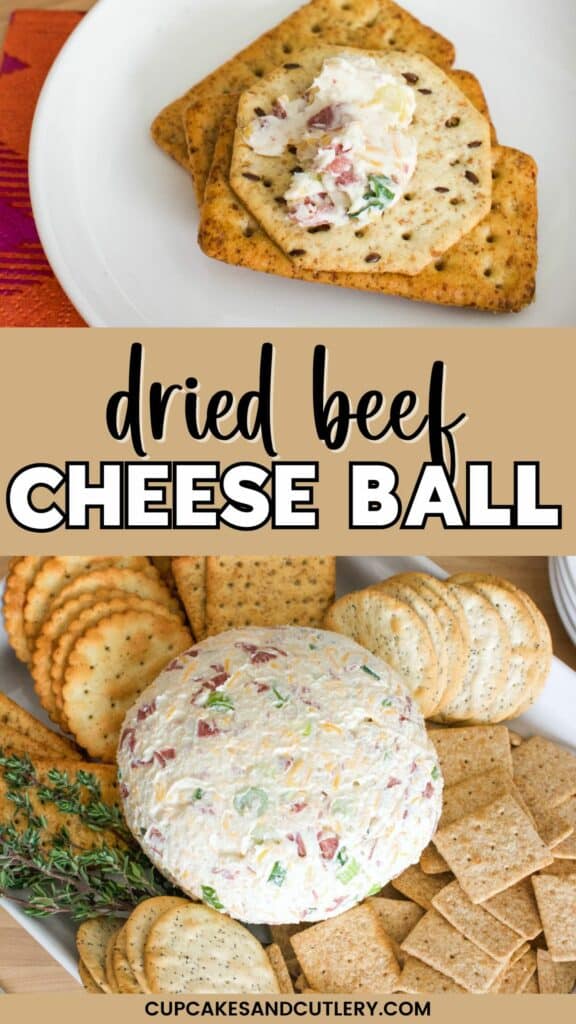 Text: Dried Beef Cheese Ball with a little bit on some crackers and the cheese ball on a serving plate.