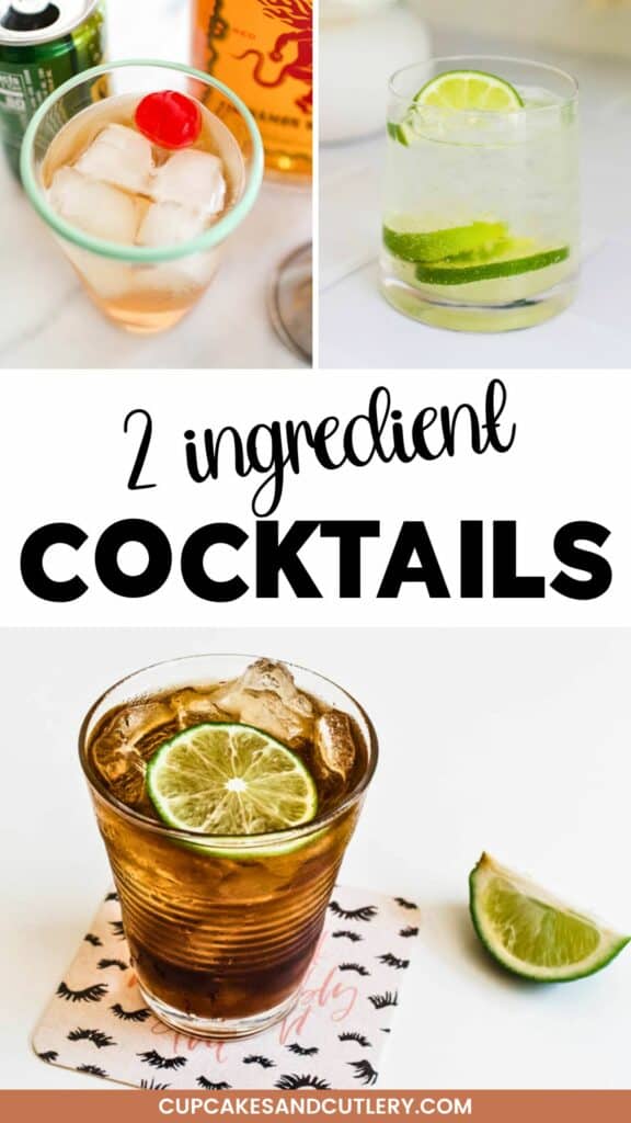 Text: 2 ingredient cocktails with a variety of cocktails in glasses on a table.