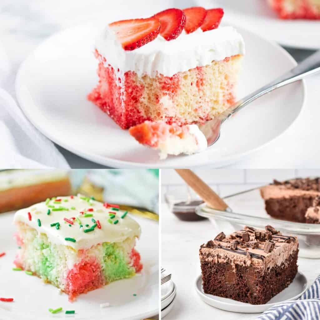 A few poke cakes for Christmas in a collage.