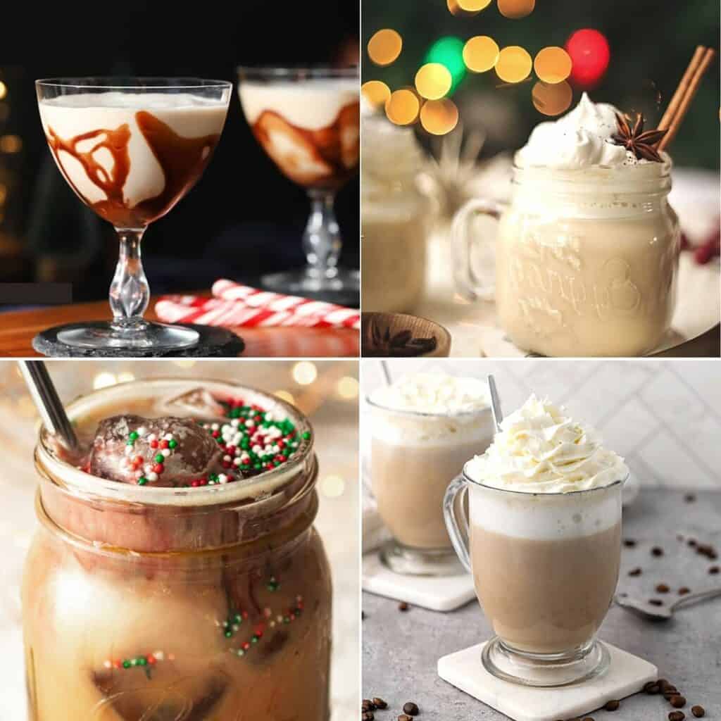 A collage of fun coffee drinks for Christmas that include boozy and non-alcoholic drink ideas.