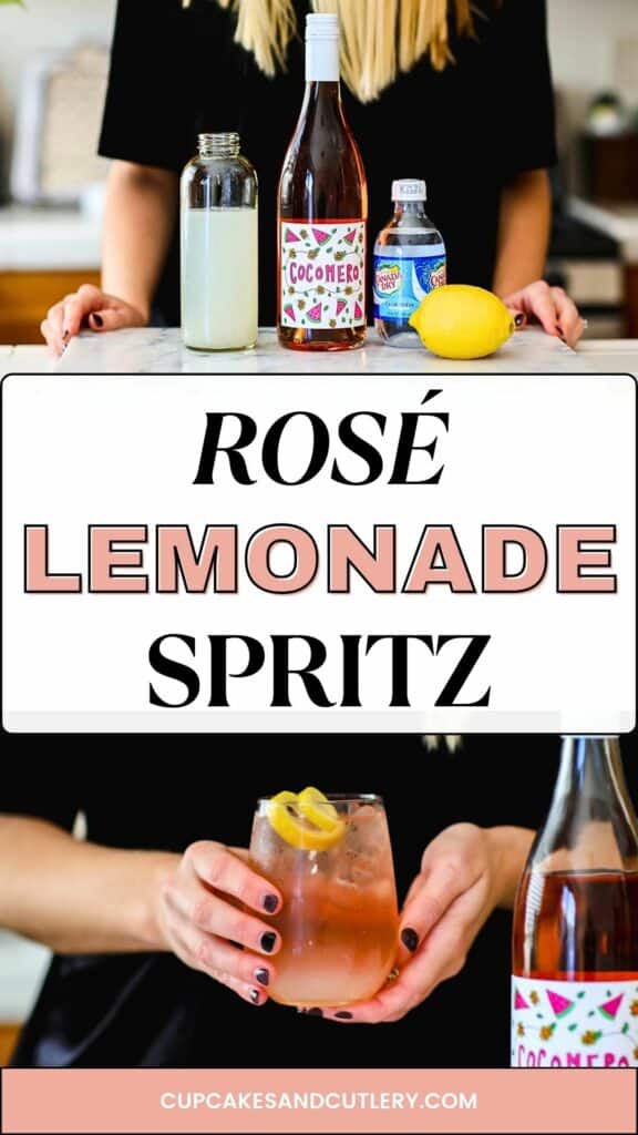 Text: Rose Lemonade Spritzer with ingredients to make this wine cocktail and a woman holding a glass.
