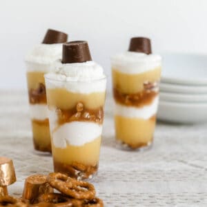 Three cups of Caramel Pretzel Mini Trifles.