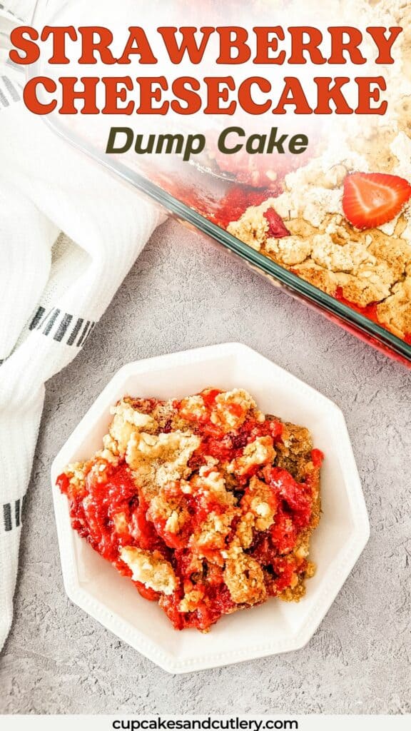 Overhead view of a bowl of strawberry cheesecake dump cake.